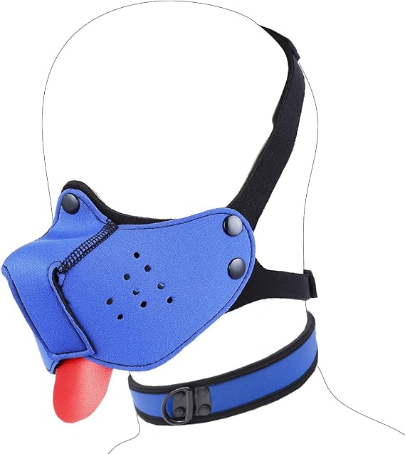 Neoprene Puppy Hood Mask Cosplay Dog Full Face Pup Hood Mask with Collar (Blue)