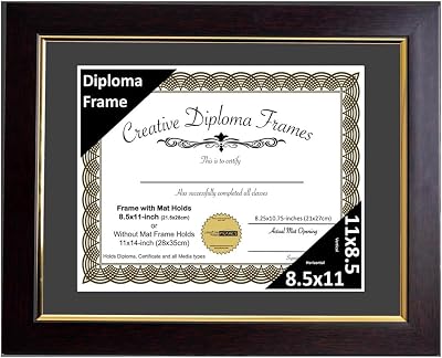 Creative Picture Frames 11 x 14 Majestic Mahogany with Gold Rim Diploma Frame & Mat, Displays 8.5 x 11 Certificate or 11 x 14 Document without Black Mat, Mahogany Finish, Full-Strength Glass