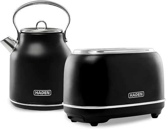 Haden Heritage 2 Slice Wide Slot Stainless Steel Toaster Bundled with 1.7 Liter Stainless Steel Electric Water Kettle, Black & Chrome