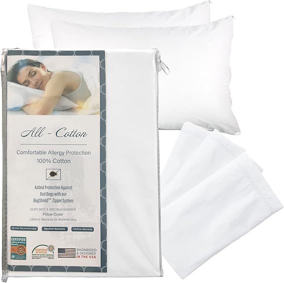 100% Cotton Pillow Protectors Standard Size, Zippered Pillow Covers 2 Pack | 21 x 27 in, 2.6 Micron Weave, Set of 2, AAFA Certified, Hypoallergenic Zippered Pillowcase Encasement, Machine Washable