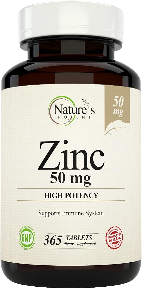 Nature's Potent Zinc 50 mg, Immune Support Supplement - High Potency for Maximum Immune & Antioxidant Health - Made in USA from Natural Zinc Oxide - 365 Tablets (1 Year Supply)