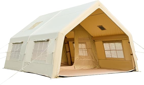 EROMMY Inflatable Camping Tent with Pump, 185 SFT Extra Large Blow Up Tent for 8-10 Person, Waterproof Windproof 600D Oxford Glamping Tents with Movie Screen & Chimney Windows