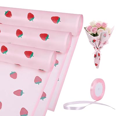 20 Sheets Flower Wrapping Paper,Pink Bouquet Wrapping Paper with Strawberry Pattern,Gifts Wrapping for Wedding,Party,MotherS Day, Birthday, and Diy Craft Florist Supplies,Translucent with Ribbon