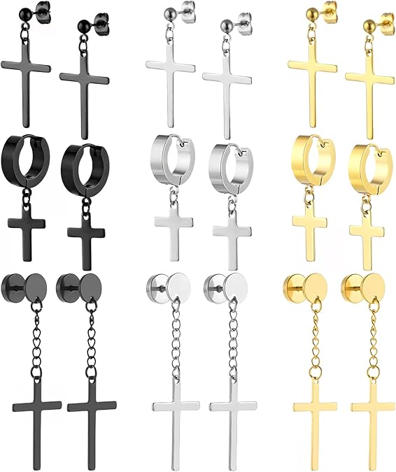 NEWITIN 9 Pairs Cross Earrings for Men Women Stainless Steel Earring Set