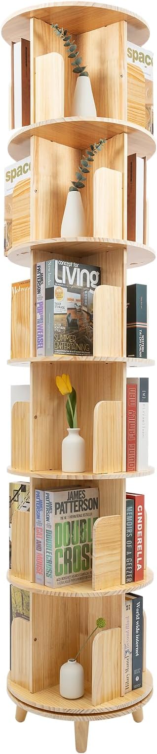 Rotating Bookshelf Tower, Wood Bookshelf 360 Display 1/2/3/4/5/6 Tier Bookcase Storage Rack, Corner Book Shelf for Small Spaces, Spinning Bookshelf for Bedroom, Living Room, Kids Rooms (6 Tier)