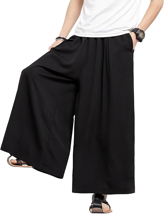 Men's Casual Pants Japanese Wide Leg Elastic Waistband Lightweight Trousers Relaxed Fit Vintage Hakama Pants