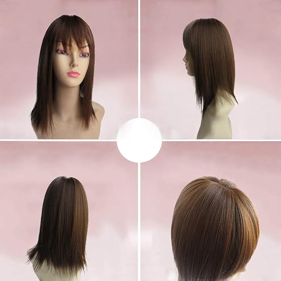 14" Synthetic Hair Mono Hair Topper for Hair Loss Clip in Hair Top Piece with Air Bangs (Thin Style, Brown)