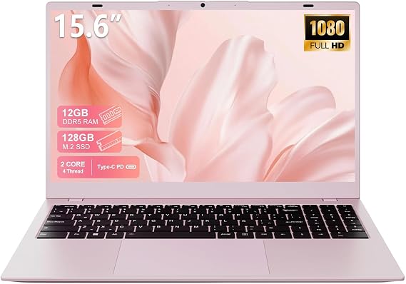 2026 Pink Laptop, Pentium Gold 6500Y Processor(Up to 3.4 GHz),12GB RAM 128GB SSD,15.6 Inch FHD IPS Display, 5000mAh Battery,Type-C,Portable Laptops Computer for Business Office