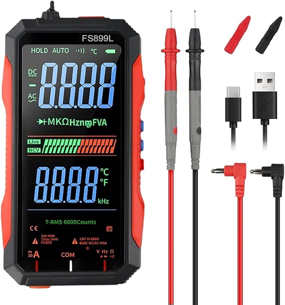 FS899C Rechargeable 4.8 Inch Large Screen 6000 Counts Smart Digital Multimeter Auto-Ranging Capacitance Ohm Hz Diode Live Check(FS899C)