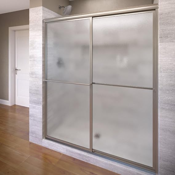 Basco Deluxe Framed Sliding Shower Door, Fits 57-59"W Opening, Obscure Glass, Brushed Nickel Finish