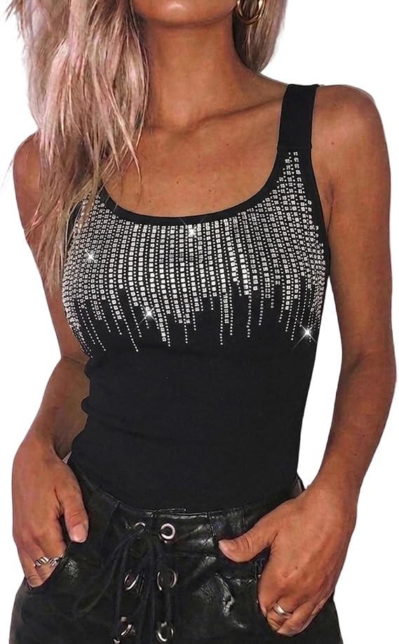 Women's Sparkly Rhinestone Backless U-Neck Tank Top