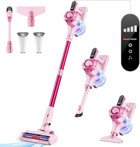 Trucozie Cordless Vacuum Cleaner, 8-in-1 Lightweight Stick Vacuum with 45mins Runtime, Powerful Suction, Vacuum Cleaners for Home, Hardwood Floors, Carpet, Pet Hair, Pink