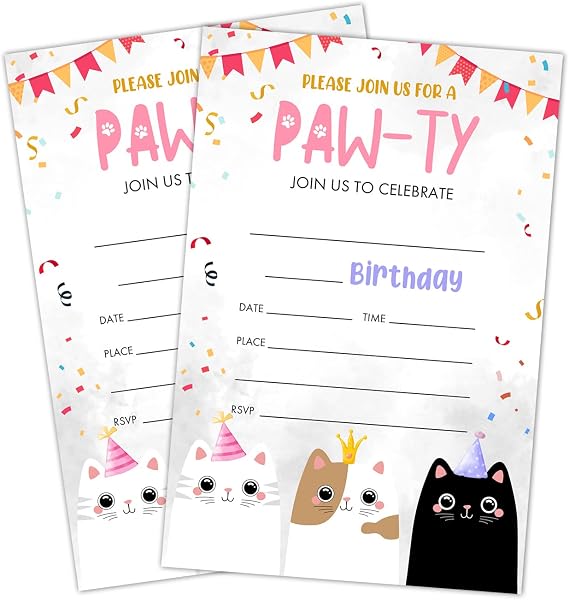Cat Birthday Invitation Cards, Kitten Party Invites, Kids Happy Birthday Party Decorations Supplies, 20 Fill-in Cards with Envelopes for Boys or Girls Party Celebration - B14
