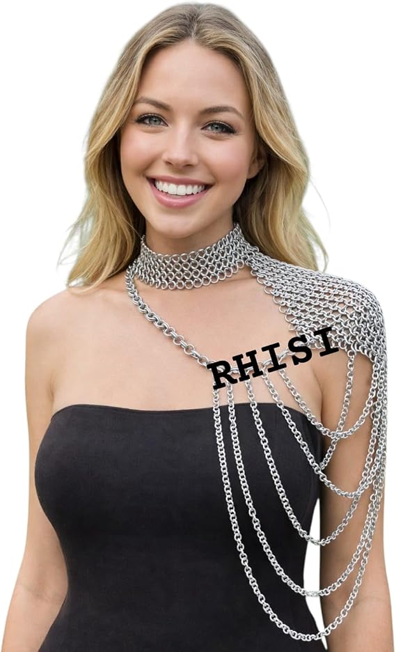 Crystal Body Chain, Chainmail One Side Shoulder Collar With Small Chain Layers, Aluminum Butted Ring Neck Piece, Medieval Cosplay Costume