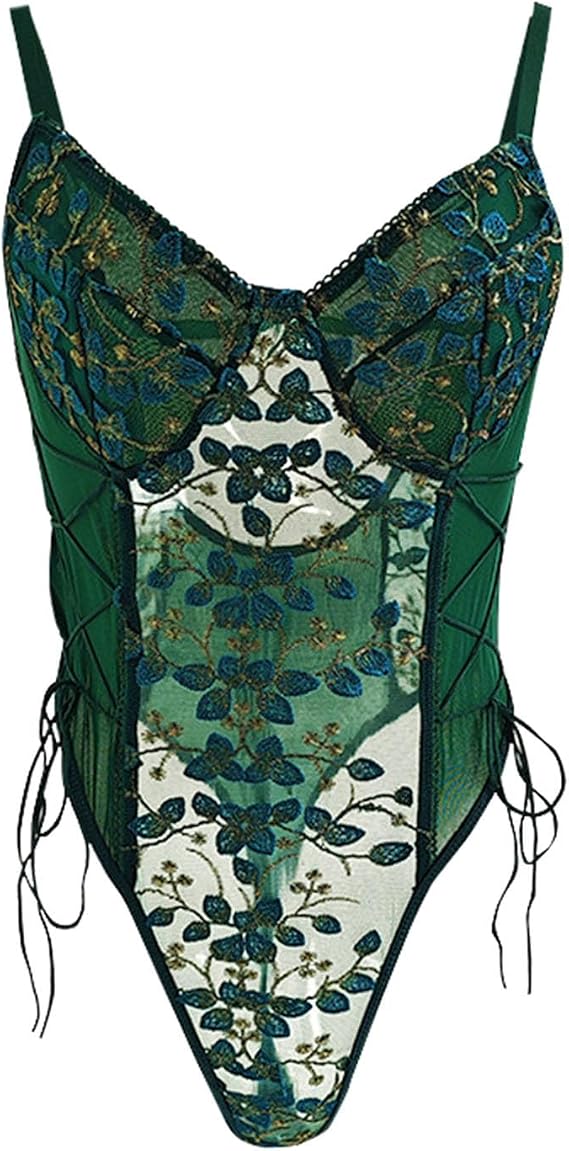 Women Sexy Lace Up Exquisite Floral Embroidered Teddy Lingerie Rave Bodysuit Tops Hollow Out Mesh Sheer One Piece