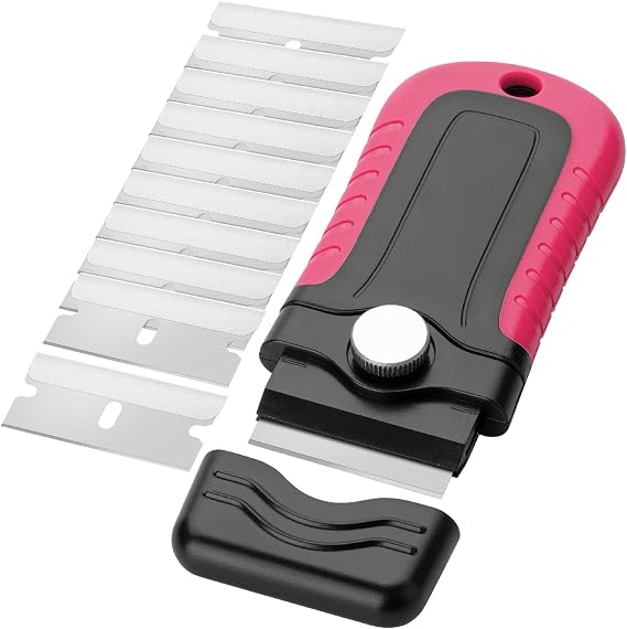Bates- Razor Blade Scraper, Pink, Locking Razor Scraper Set with 10 Extra Stainless Steel Blades, Window Scraper, Scraper Tool, Glass Scraper, Scraper Blades, Paint Scraper Blade Scraper for Cleaning