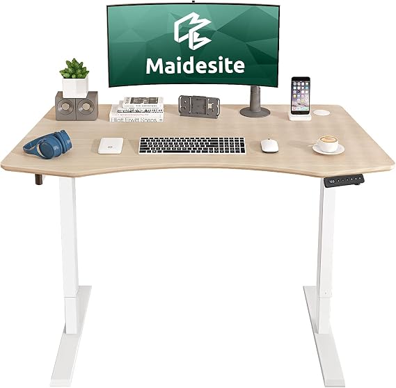 MAIDeSITe Standing Desk Electric Height Adjustable Desk, Dual Motor Electric Stand up Desk 55 x 28 Inches Sit Stand Desk Whole-Piece Desk Board (White Frame + 55" Oak top)