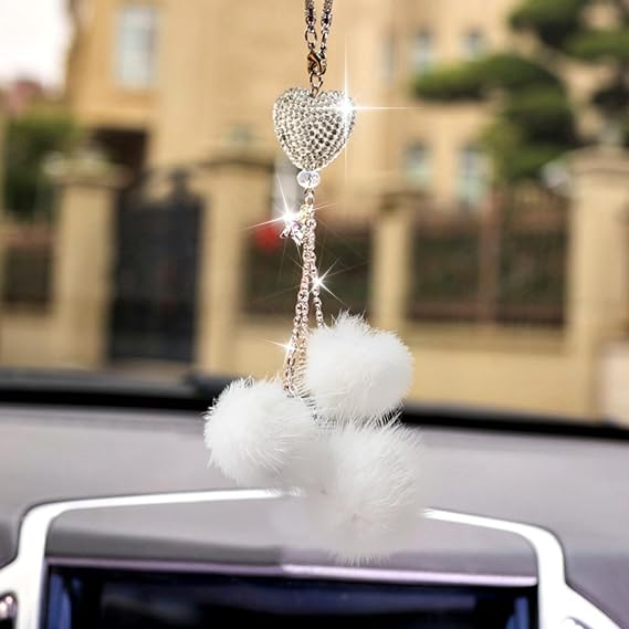 Bling Car Mirror Accessories for Women, Rhinestone Diamond Love Heart & Pink Plush Ball Decor Ornament Pendant, Car Rear View Mirror Hanging Charm Pendant, Lucky Hanging Accessories(White)