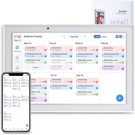 Digital Calendar 10.1 Inch Smart Electronic Planner, IPS Touch Screen, 32GB, Electronic Slideshow, Wall-mounted with Third-Party Calendar Sync, Chore Tracker, Meal Plan & Photo Display, Gifs for Mom