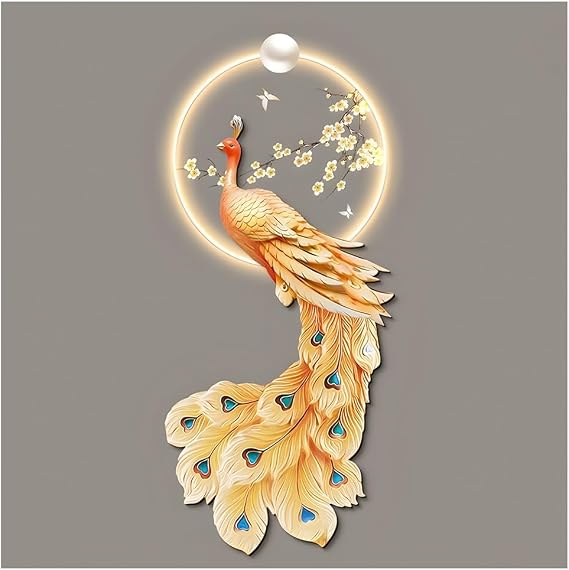 Zfmnoyev LED Art Wall Decor Metal Wall Decor, Peacock Wall Sculptures Painting Hanging, Luminous Lighted Wall Sculptures, for Home Decor or Party Decor(Gold-F,50x99 cm/19.7x39 in)