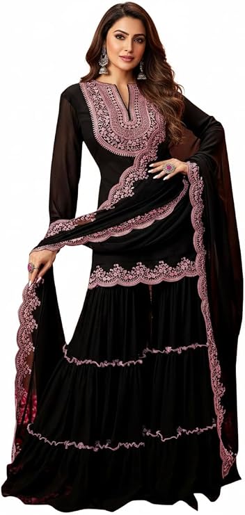 TRENDMALLS Women's Georgette Embroidery Sequence work Kurta Sharara Set with Dupatta Kurta Set for Women