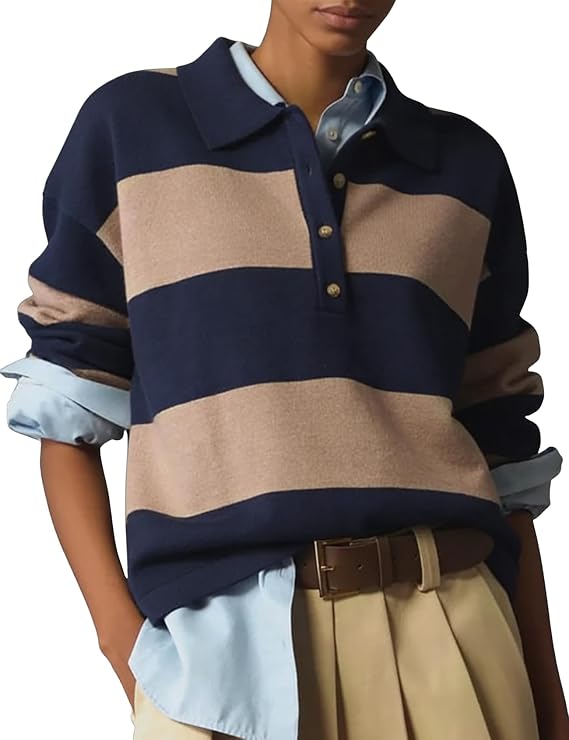 Wyeysyt Polo Sweater Women Rugby Shirt Striped Collared Sweaters | Long Sleeve,Knit Top,Rugby Polo,Casual,Back to School,Y2K,Preppy Shirts