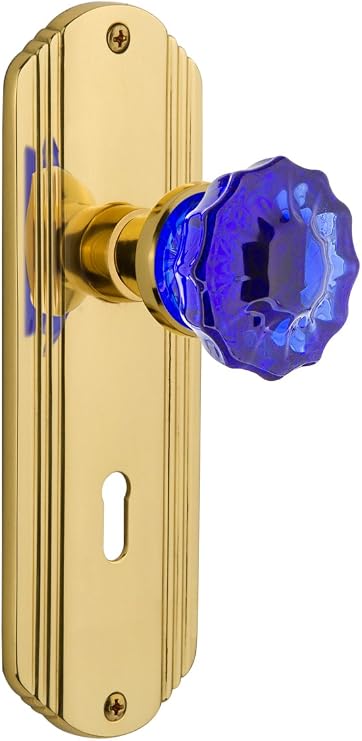Nostalgic Warehouse 721435 Deco Plate with Keyhole Passage Crystal Pink Glass Door Knob in Polished Brass, 2.75
