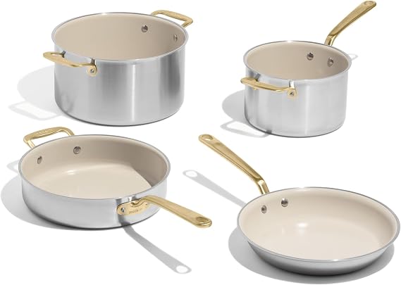Made In Cookware - 7-Piece CeramiClad Non Stick Pot and Pan Set (Antique Brass Handle) - 5-Ply Stainless Clad - Professional Cookware - Crafted in Italy - Induction Compatible