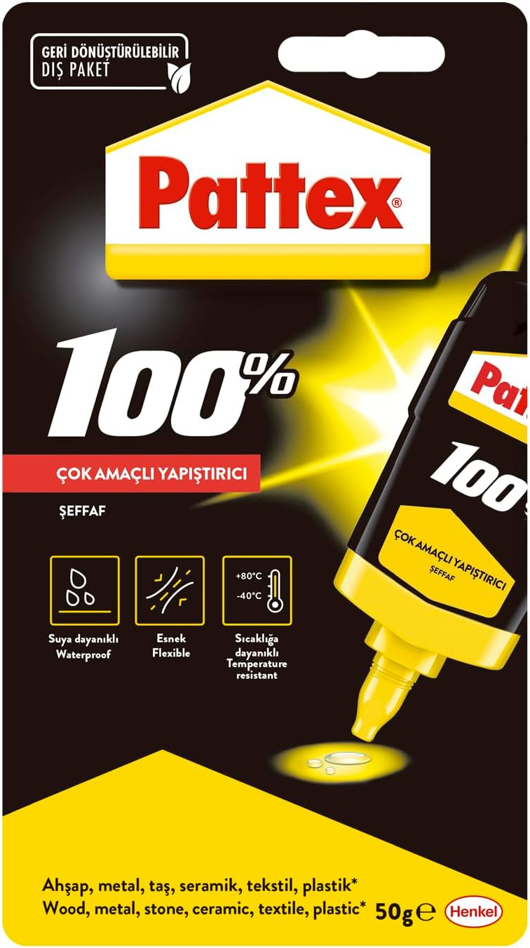 Pattex 100% Adhesive, Strong Adhesive Suitable for Different Materials, Multi-Purpose Adhesive for Internal and External Repairs, Quick Adhesive Without Water and Solvent, 1x50g