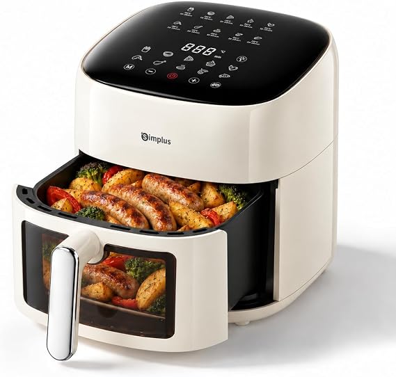 SIMPLUS Hot Air Fryer 6.5 L Airfryer XL with Viewing Window & Touch Screen 1500 W Slim Design 10 Programmes 80-200 °C Non-Stick Basket 360° Hot Air Low-Fat Cooking
