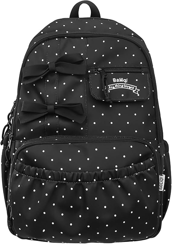 Women Coquette Aesthetic Backpack Cute Polka Dot Bow Kawaii Large Laptop Bag Casual Y2k Fashion College Daypack (Black)