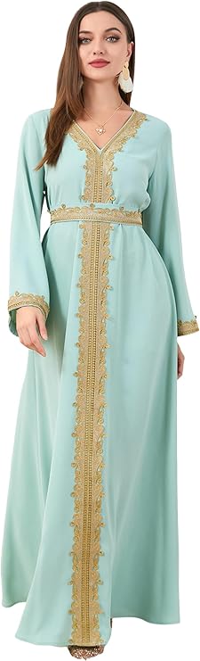 IBAKOM Abaya for Women Floral Lace Ethnic Moroccan Dress Muslim Dubai Attire Islamic Clothes Wedding Eid Ramadan Jalabiya
