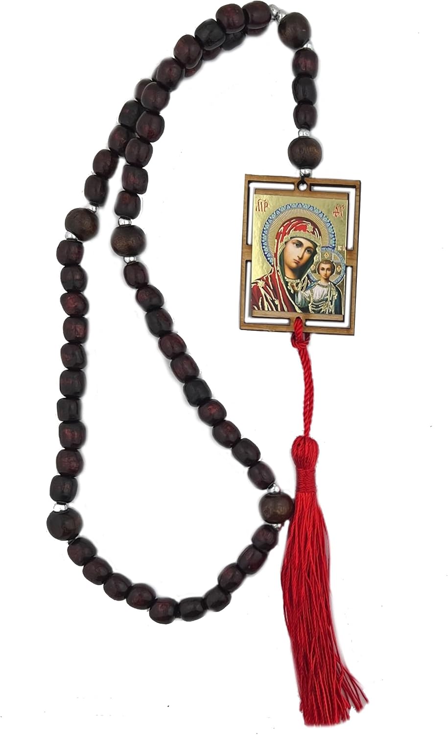 Needzo Our Lady of Kazan and Jesus Christ the Teacher Byzantine Icon on Prayer Rope Catholic Rosary Wooden Beads 16 12 Inch, Hand Made in Ukraine, 2 Sided