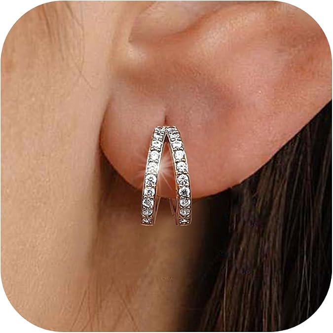 MILACOLATO 925 Sterling Silver Earrings for Women, 14K White Gold Plated Small Huggie Hoop Earrings, Layer CZ Double Hoop Earrings Stacks Trendy Jewelry Gifts