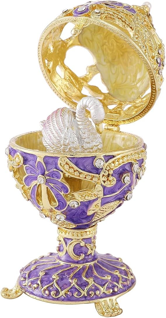 QIFU Hand Painted Purple Easter Egg Style Enamel Trinket Box Hinged, Unique Gift for Family