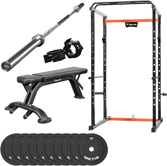METIS Complete Gym Equipment Set - 1x Power Cage, 1x Olympic Barbell, 1x Weightlifting Bench, 2X Barbell Locking Clips, 2X 5kg, 10kg, 15kg, 20kg & 25kg