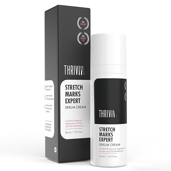 Thrive..Co. Stretch Marks Expert Serum Cream | For New (red) & Old (white) Stretch Marks Removal & Skin Hydration | Powered by StrioverTM, Rosehip Oil & Squalane | For Men & Women | 30ml