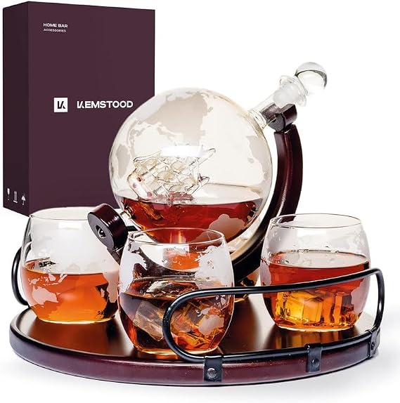 Kemstood Whiskey Decanter Sets for Men - Etched World Globe Design with Wooden Base & 4 Glass - Ideal for Dignified Drinking, Home Decor - Unique Whiskey Gifts for Men - 28 oz /850 ml Capacity