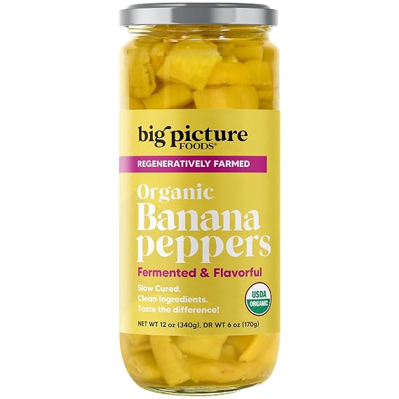 Big Picture Foods Banana Pepper/Rings in Jar - Enhance Your Culinary Creations with Sun-Ripened Goodness! Regeneratively Grown, Pre-Sliced, and Packed with Pure Flavor.- Net Wt. 12oz (340g)