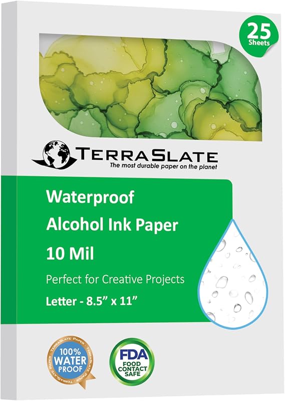 TerraSlate Paper | 10 Mil 8.5 x 11 Alcohol Ink Paper | Waterproof & Non-Porous Alcohol Ink Drawing Paper | Wipeable Alcohol Ink Craft Paper | White Paper for Vibrant Colors, 25 Sheets