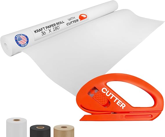 White Kraft Paper Roll 36" x 2160" (180 feet) with Cutter - USA-Made