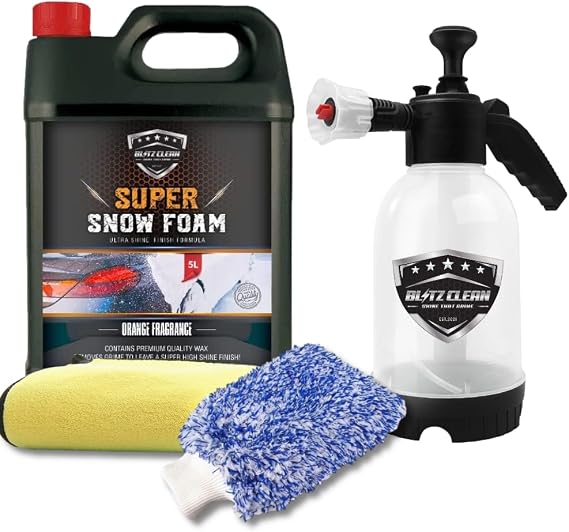 Snow Foam Plus 2L Pump up Snow Cannon Full Kit Inc Mitt & Drying Cloth Wash Detailing Valeting Kit For Car Van Caravan 5L Super Thick Pre Wash Pressurised Snow Cannon Lance (Orange)