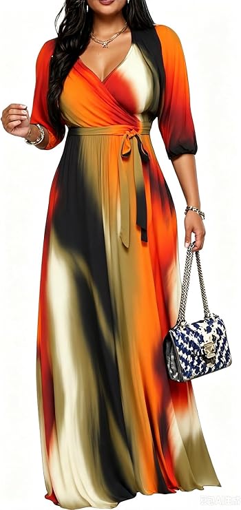 Women's Church Maxi Wrap V Neck 3/4 Sleeve Tie Waist Plus Size Long Dress