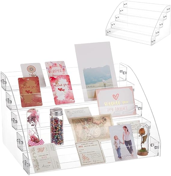 UNICRAFTALE 5-Tier Acrylic Greeting Card Display Stand Portable Christmas Greeting Card Rack Storage Stamp Postcard Mail Greeting Card Holder Sticker Organizer for Retail Counter Desk