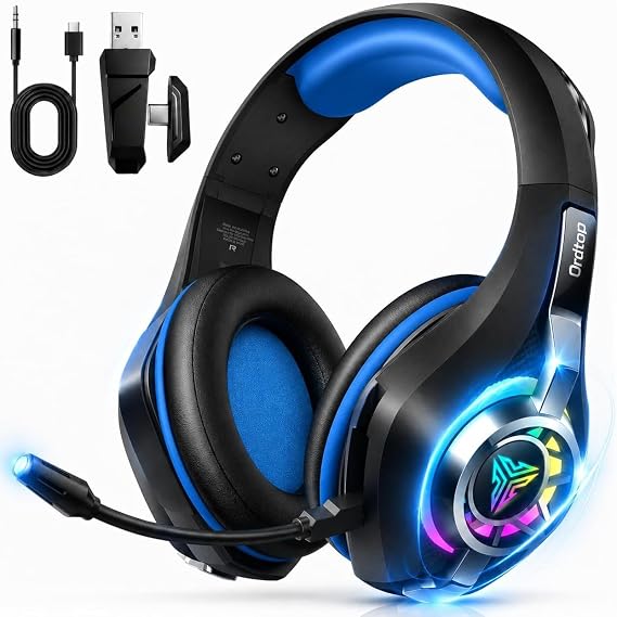 2.4GHz Wireless Gaming Headsets for PS5/PS4/Switch, RGB Noise Cancelling Over-Ear Headphones with 7.1 Surround Sound, 40mm Drivers, Bluetooth 5.4, 276g Ultraligero, Memory Foam, 45H Gaming Headphones
