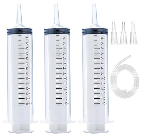 3 Pack 150ml Syringes with 55.1-Inch Tubes, Large Plastic Syringe for Scientific Labs Experiments, Nutrient Measuring, Watering, Refilling