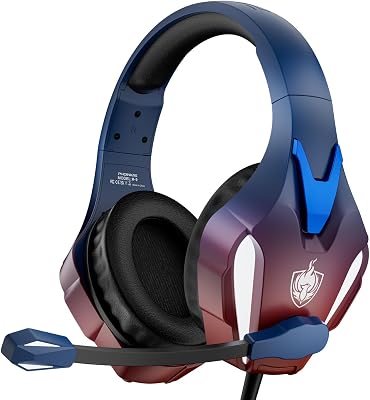 PHOINIKAS PS4 Gaming Headset for PC, PS5, Xbox Headset with 7.1 Stereo Sound, Over Ear Gaming Headphones for Switch, Mobile PS4 with Noise Cancelling Mic, LED Light Dazzle Blue