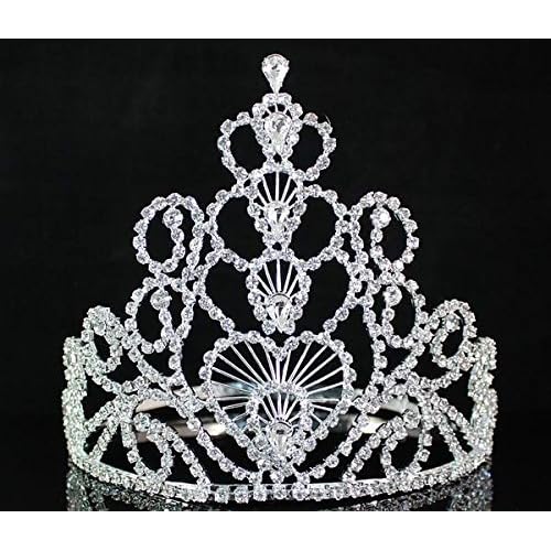 Full Crown Hearts Clear Austrian Rhinestone Crystal Tiara Headband Headpiece Queen Bridal Wedding Prom Pageant Party Silver Plated T1507