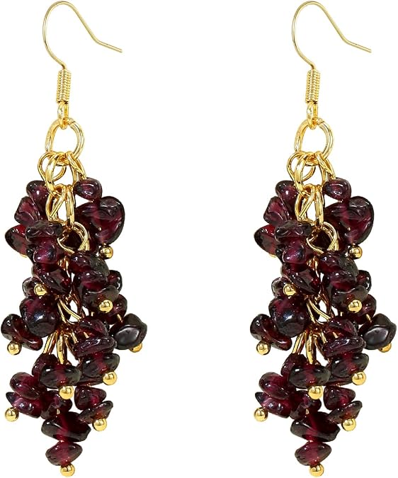 Natural Gemstone Earrings for Women | Natural Tumbled Stones Chip Earrings | Semi Precious Stone Cluster Earrings | Reiki Healing Crystal Long Dangle Hook Eardrop