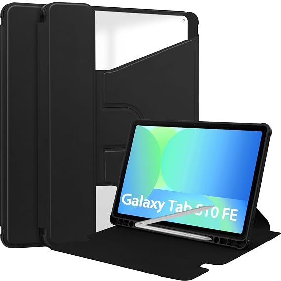YRH Case for Samsung Galaxy Tab S10 Lite/Tab S10 FE/Tab S9 FE (10.9''), with Pen Holder, 360 Rotating Stand, Auto Sleep Wake, Black